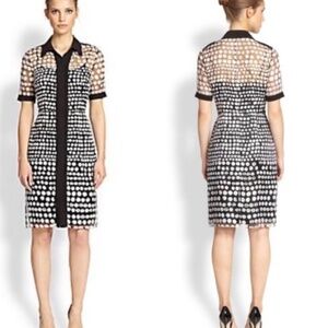 Kay Unger Polka Dot Collared Shirt Dress Black White Layered Slip Dress Sheer 10